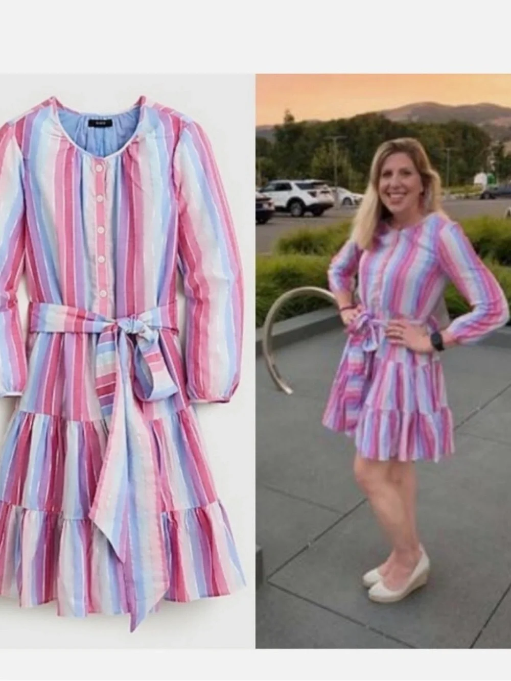 J. Crew Pink and Pastel Striped Long-Sleeve Tiered Dress with Waist Tie